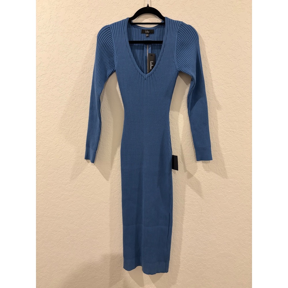 Lulus Ribbed Knit Dress Blue V-Neck Long Sleeve Back Zip Bodycon Small NWT